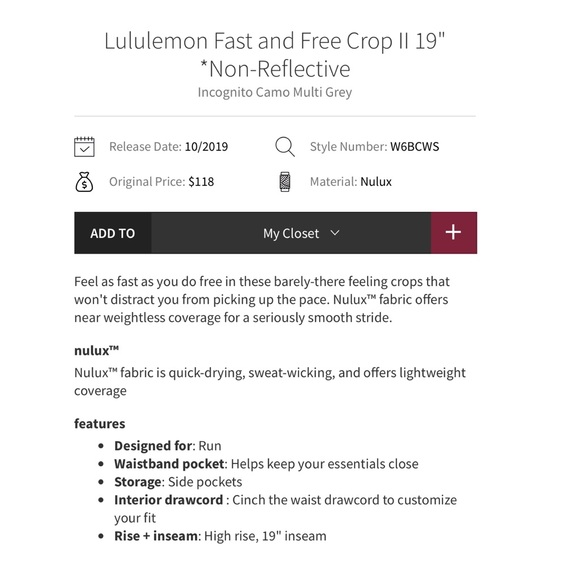 Lululemon Fast and Free Crop II 19" *Non-Reflective
Incognito Camo Multi Grey 8 - Picture 4 of 14